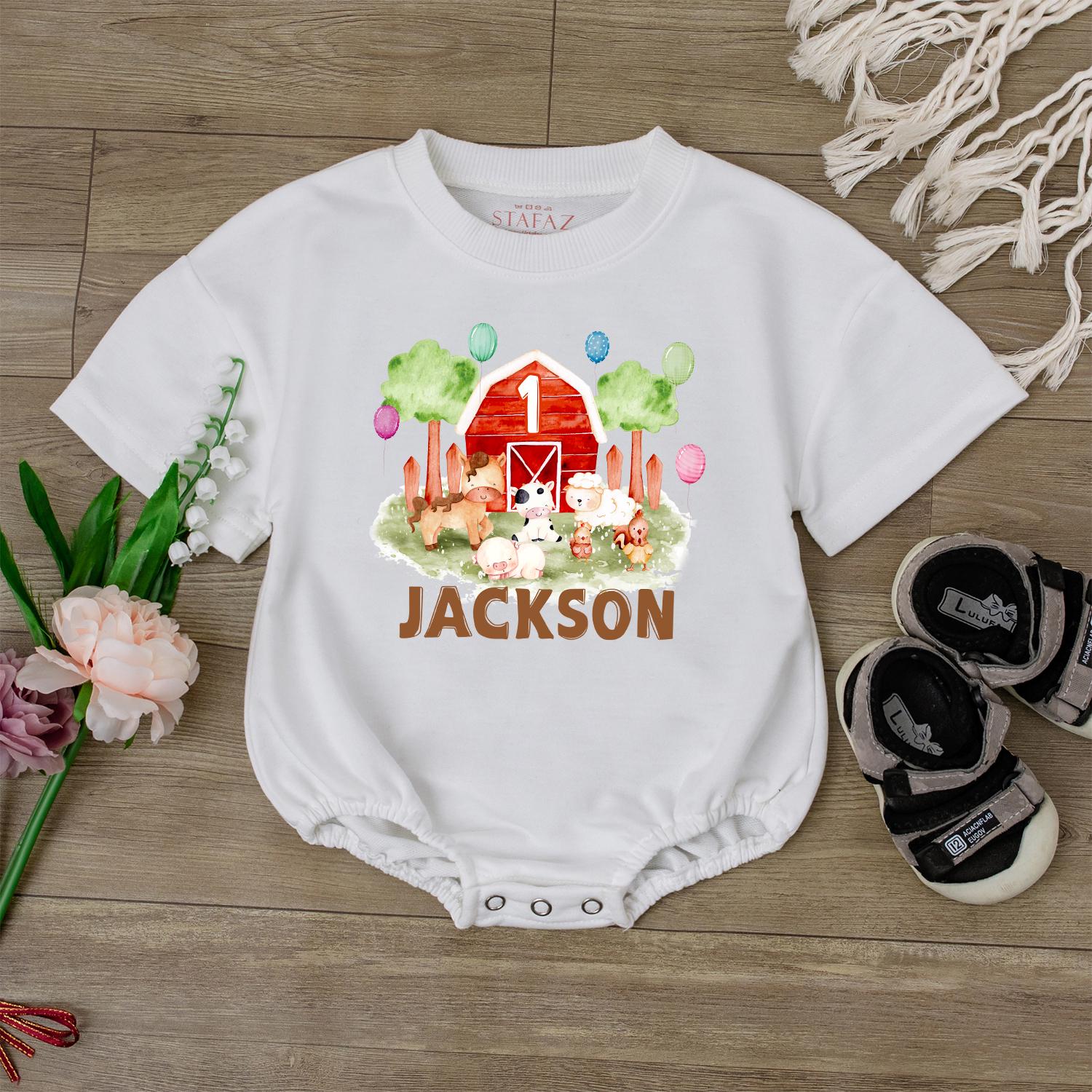 Farm Birthday Romper Baby First Birthday Outfit Barnyard Theme Personalized Animal Onesie Custom Baby Gift