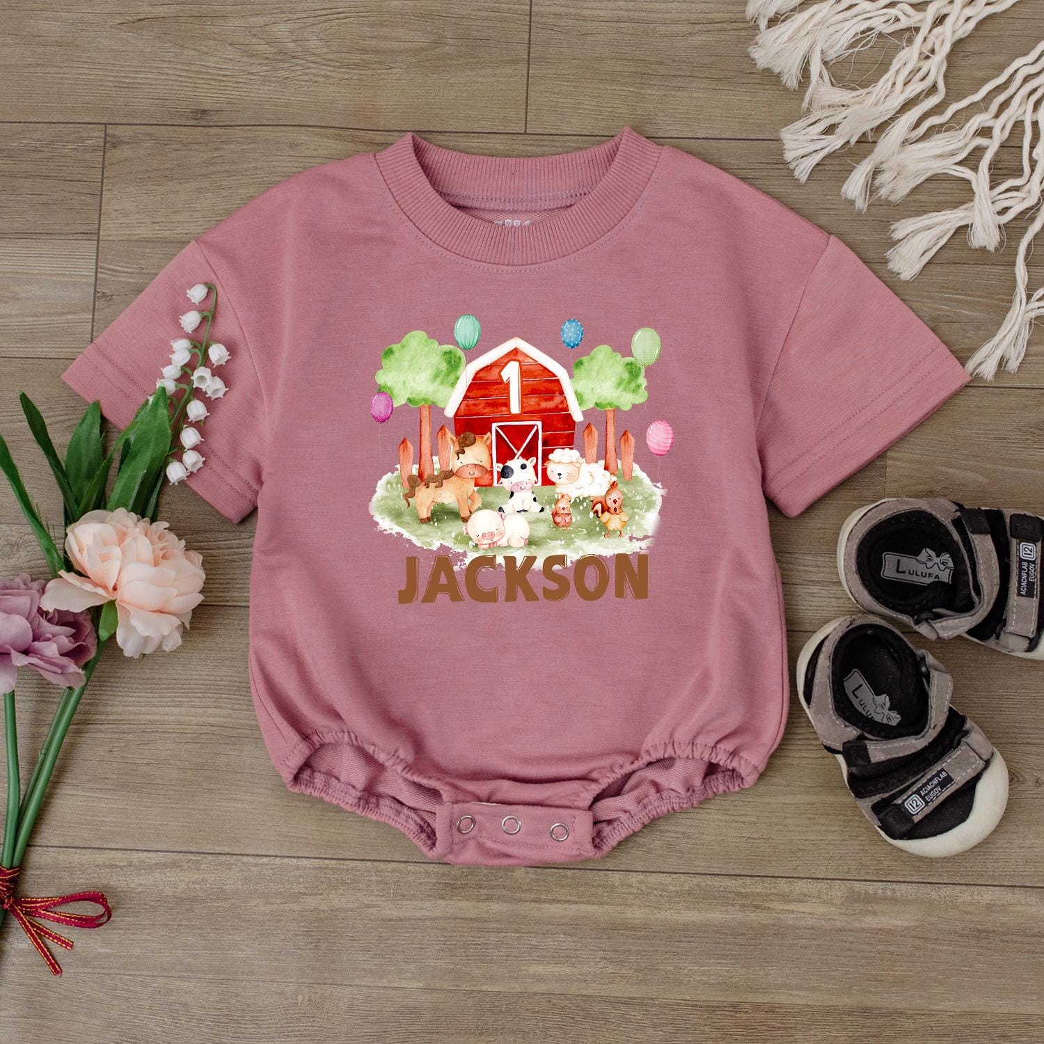 Farm Birthday Romper Baby First Birthday Outfit Barnyard Theme Personalized Animal Onesie Custom Baby Gift