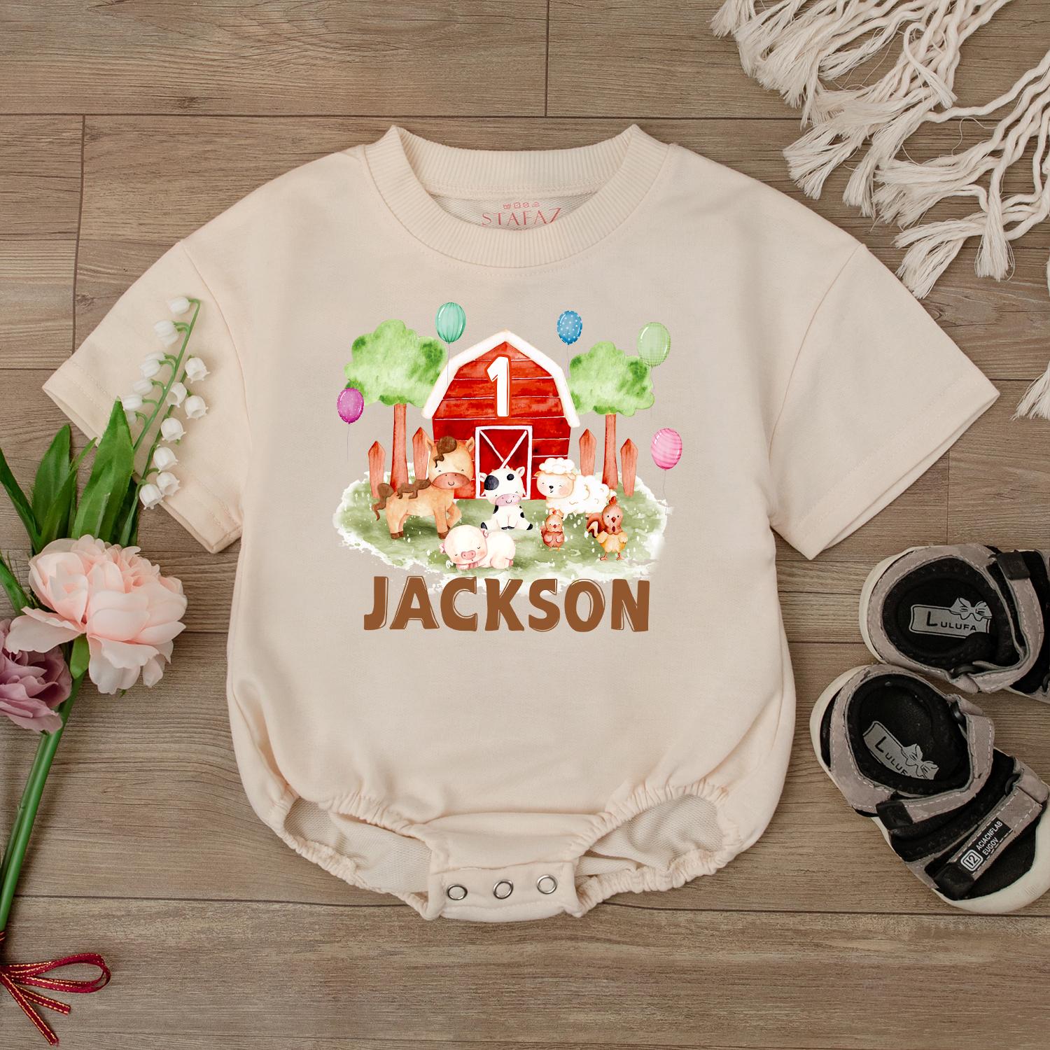 Farm Birthday Romper Baby First Birthday Outfit Barnyard Theme Personalized Animal Onesie Custom Baby Gift