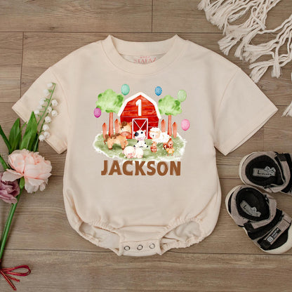 Farm Birthday Romper Baby First Birthday Outfit Barnyard Theme Personalized Animal Onesie Custom Baby Gift