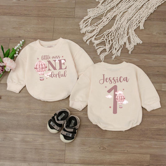 Little Miss One Romper Hot Air Balloon Baby Girl First Birthday Outfit Personalized Custom 1st Birthday Gift