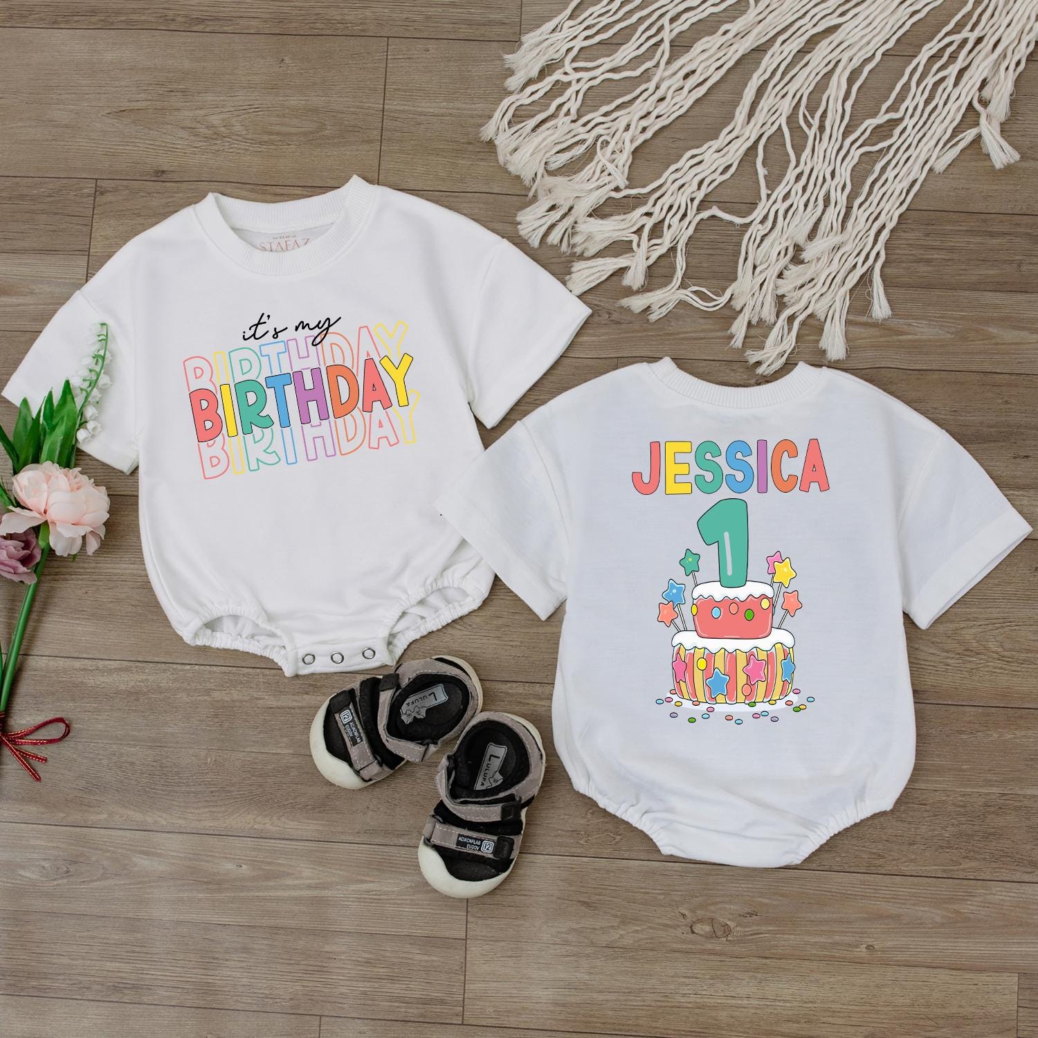 Personalized 1st Birthday Romper It's My Birthday Outfit for Baby Boy Girl with Colorful Cake Design Toddler Bodysuit Gift
