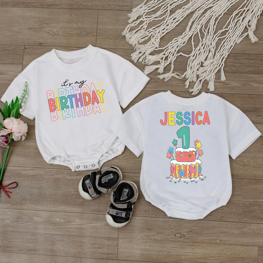 Personalized 1st Birthday Romper It's My Birthday Outfit for Baby Boy Girl with Colorful Cake Design Toddler Bodysuit Gift