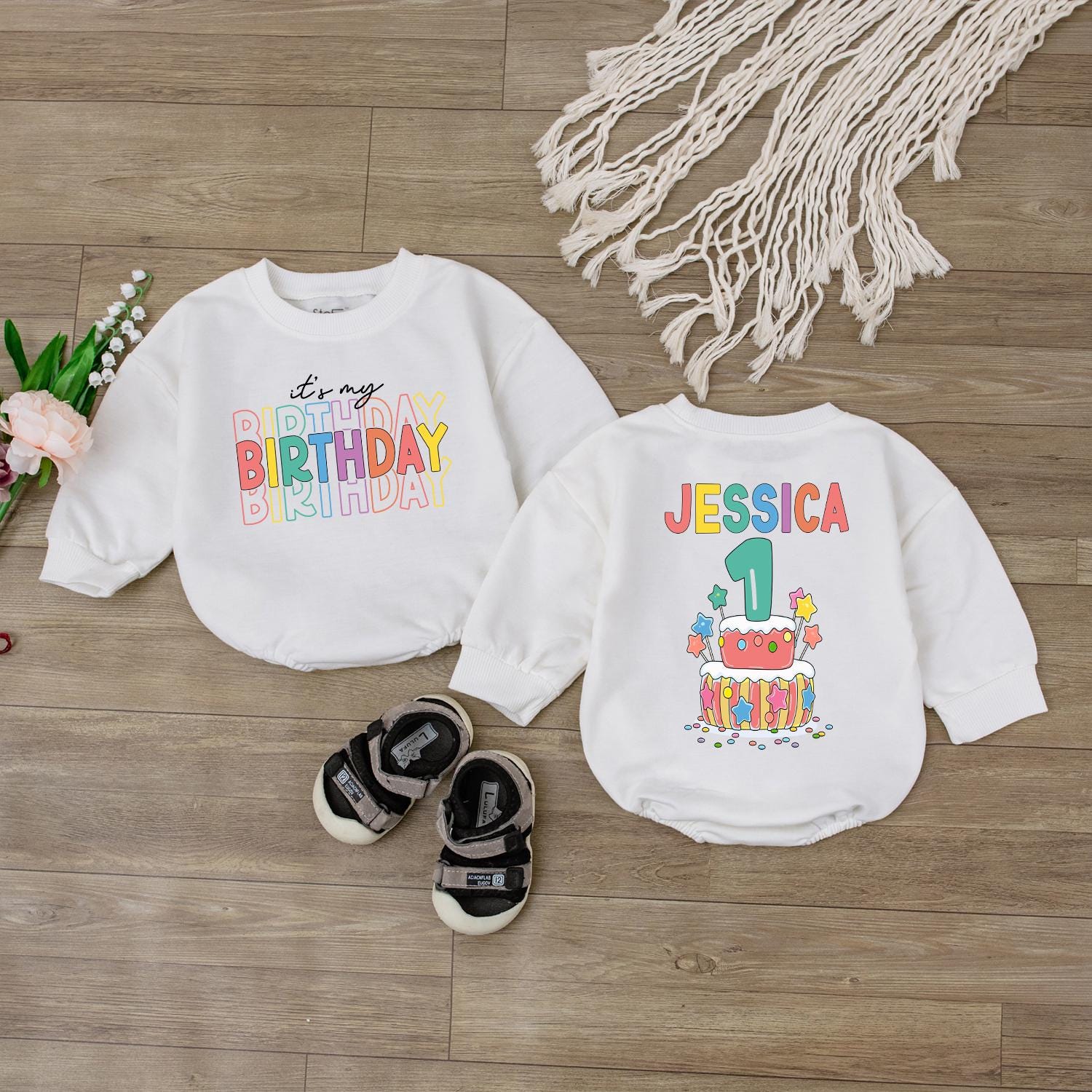 Personalized First Birthday Cake Design Baby Romper Custom Name Outfit for 1st Celebration, Colorful Infant Bodysuit Gift