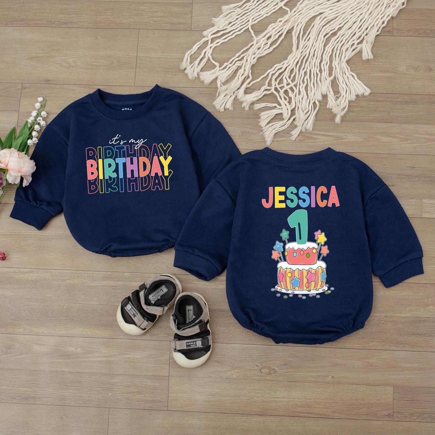 Personalized First Birthday Cake Design Baby Romper Custom Name Outfit for 1st Celebration, Colorful Infant Bodysuit Gift