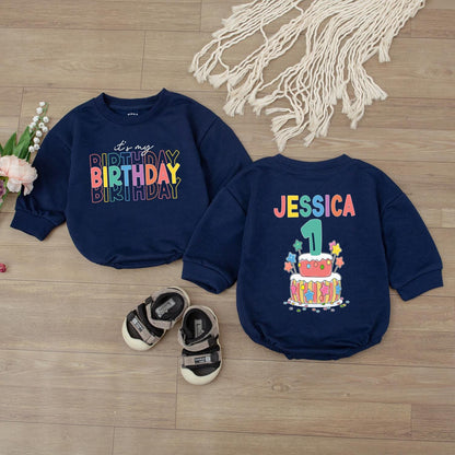 Personalized First Birthday Cake Design Baby Romper Custom Name Outfit for 1st Celebration, Colorful Infant Bodysuit Gift