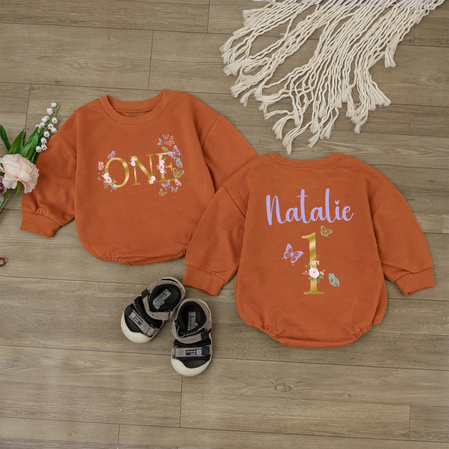 Personalized Floral First Birthday Romper for Baby Girl, Custom Name Butterfly Outfit, 1st Birthday Clothes, Baby Shower Gift
