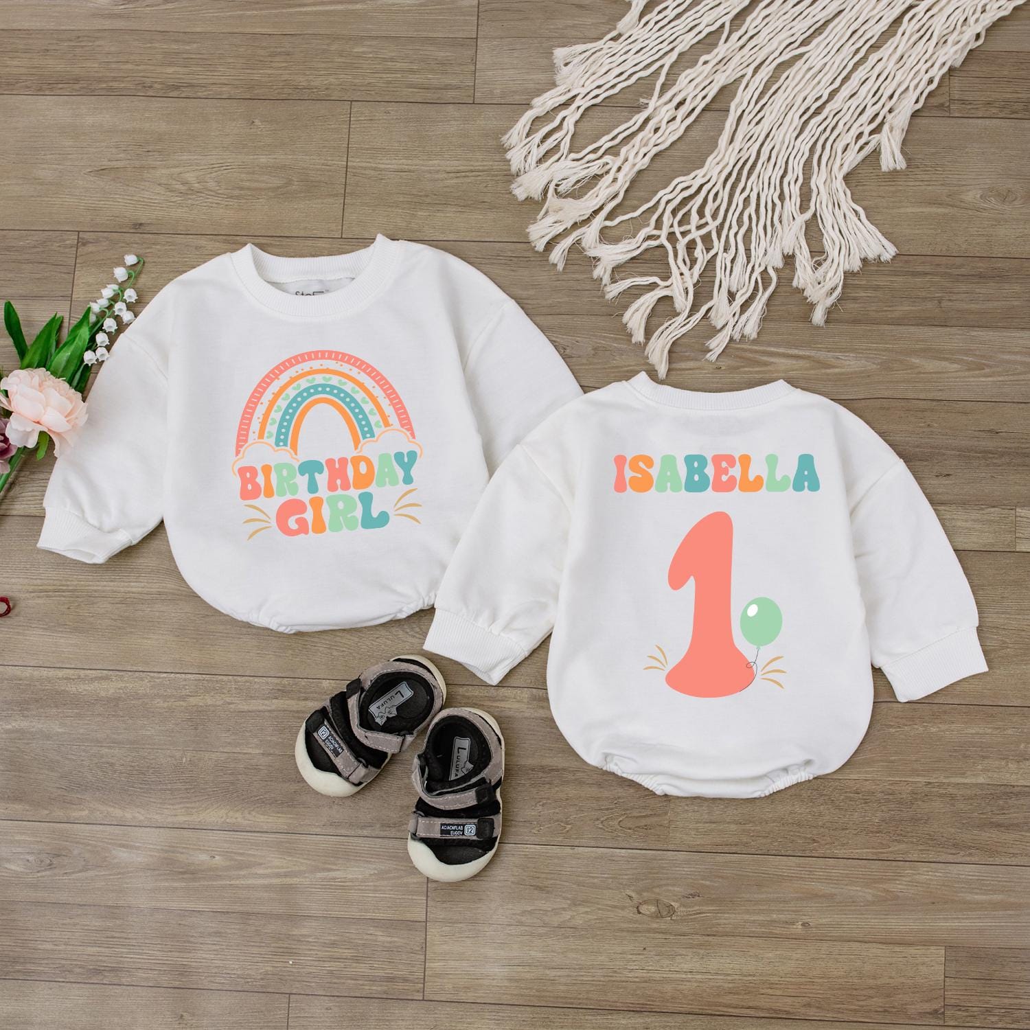 Boho Rainbow First Birthday Romper Custom Name Baby Girl Clothes Retro Outfit Gift 1 Year Old Celebration Outfit