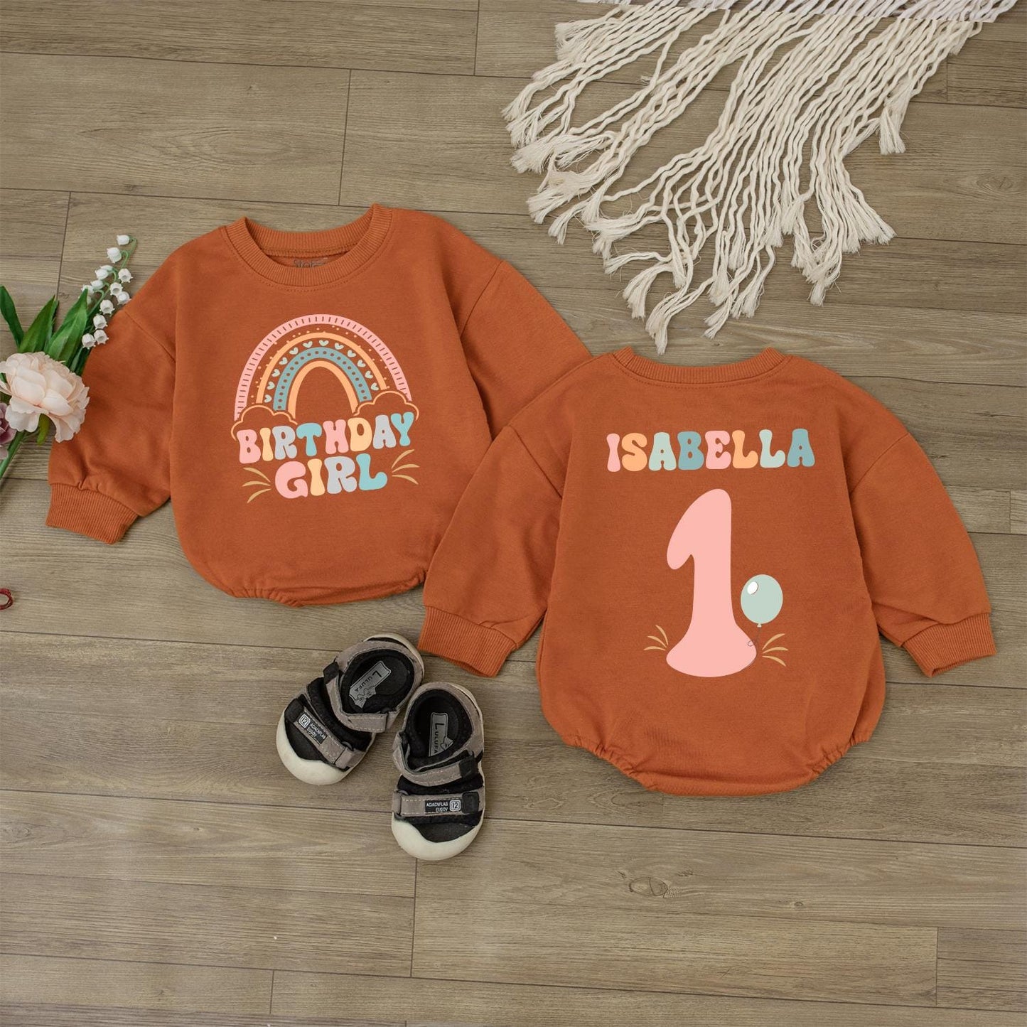 Boho Rainbow First Birthday Romper Custom Name Baby Girl Clothes Retro Outfit Gift 1 Year Old Celebration Outfit