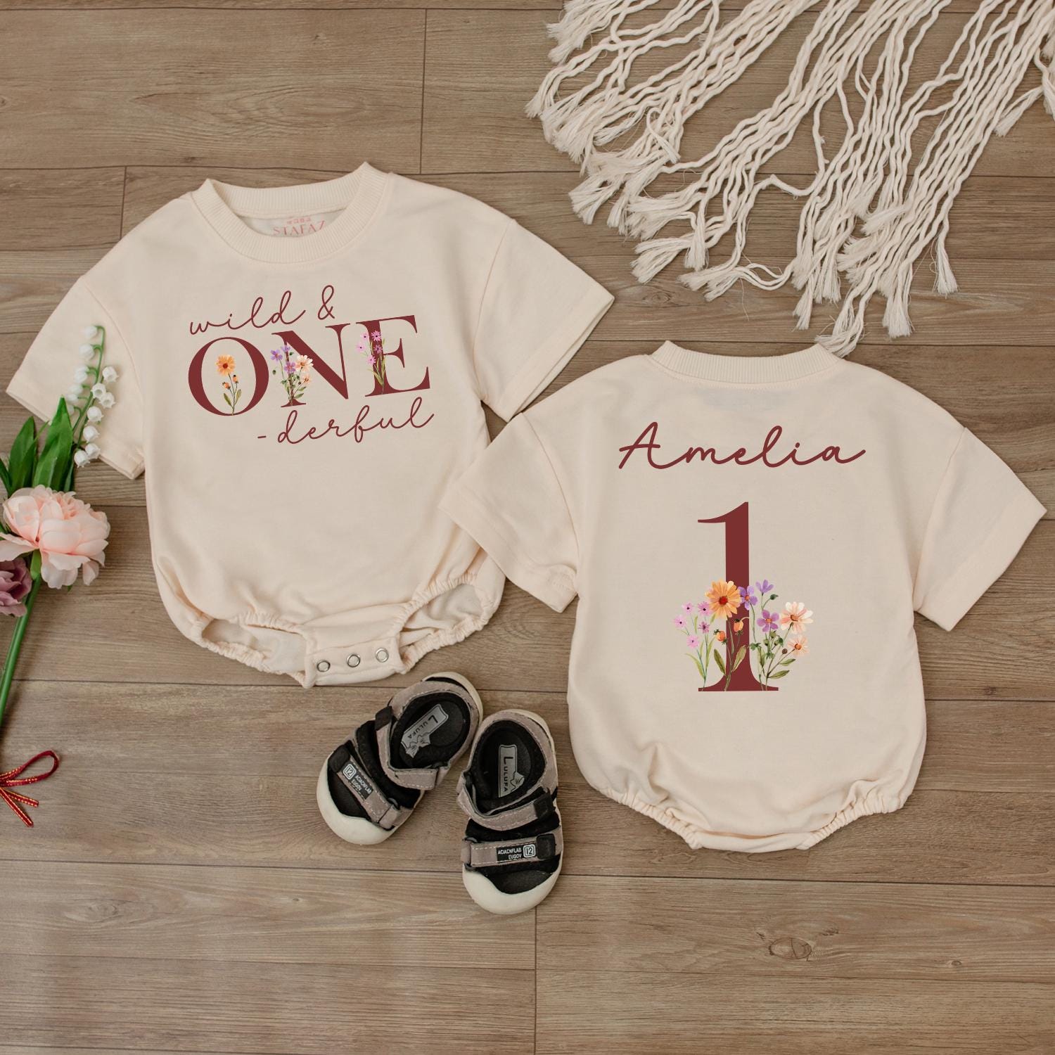 Wild One Boho Floral Romper Custom Name 1st Birthday Girl Outfit Rustic Baby Celebration Clothes
