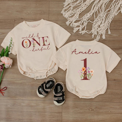 Wild One Boho Floral Romper Custom Name 1st Birthday Girl Outfit Rustic Baby Celebration Clothes