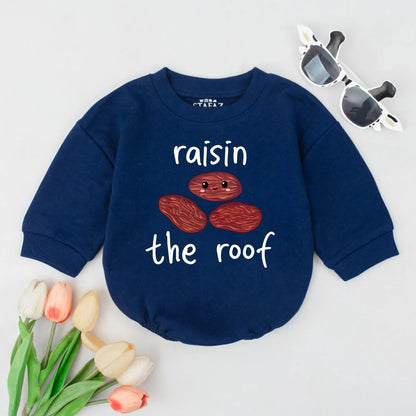 Funny Baby Raisin the Roof Bubble Romper Cute Food Pun Infant Outfit Gender Neutral Newborn Clothes Soft Comfortable Baby Shower Gift