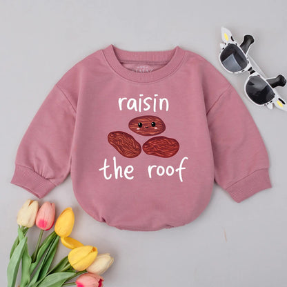 Funny Baby Raisin the Roof Bubble Romper Cute Food Pun Infant Outfit Gender Neutral Newborn Clothes Soft Comfortable Baby Shower Gift