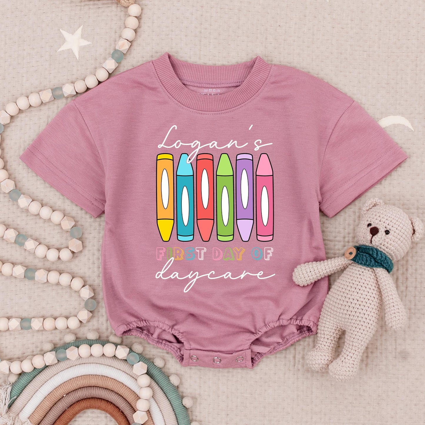 Logan's First Daycare Bodysuit - Crayon Fun! Cheerful School Vibes Baby Outfit, 1st Day of School Clothes, Cute Toddler Gift, Colorful Design