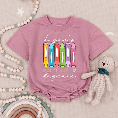 Logan's First Daycare Bodysuit - Crayon Fun! Cheerful School Vibes Baby Outfit, 1st Day of School Clothes, Cute Toddler Gift, Colorful Design
