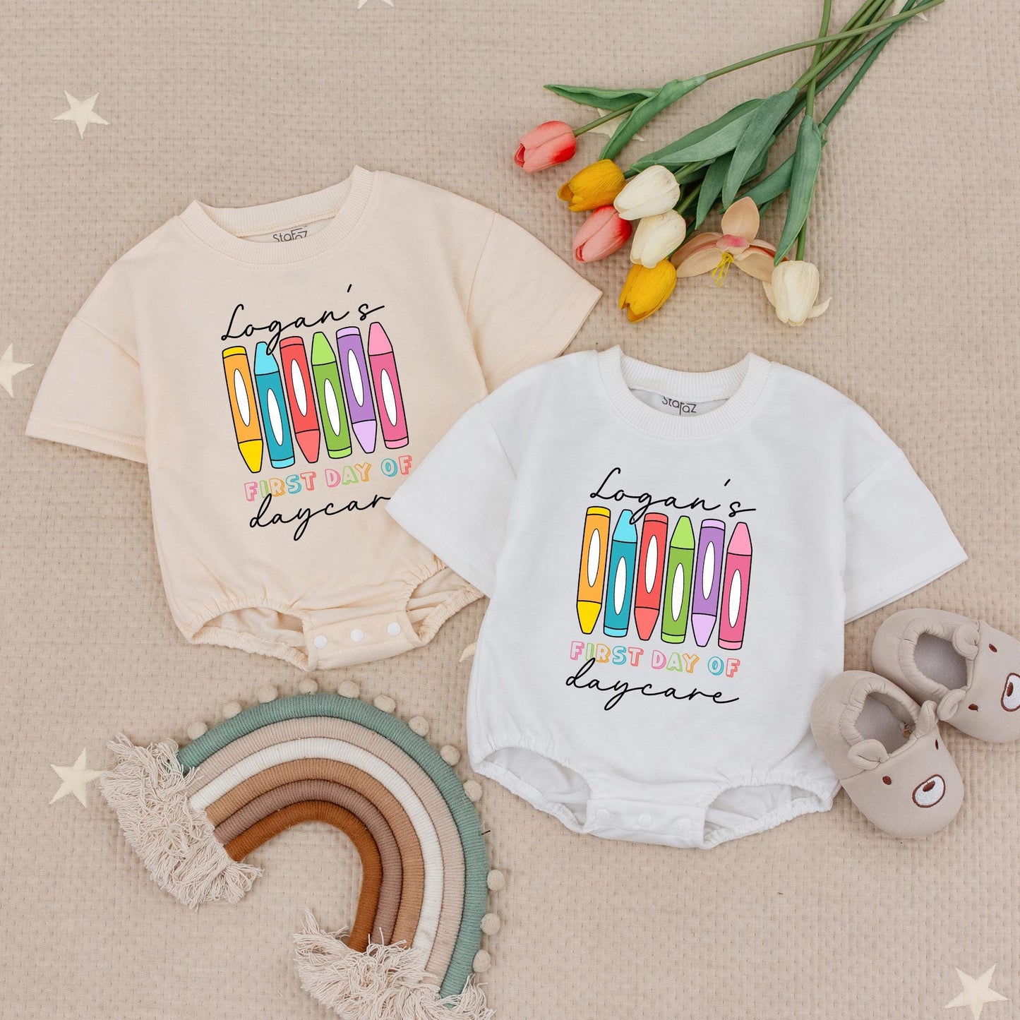 Logan's First Daycare Bodysuit - Crayon Fun! Cheerful School Vibes Baby Outfit, 1st Day of School Clothes, Cute Toddler Gift, Colorful Design