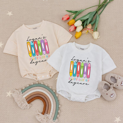 Logan's First Daycare Bodysuit - Crayon Fun! Cheerful School Vibes Baby Outfit, 1st Day of School Clothes, Cute Toddler Gift, Colorful Design