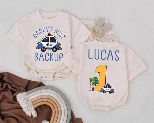 Daddy’s Best Backup Police Baby Romper First Birthday Outfit Custom Law Enforcement Gift Police Car Baby Clothes
