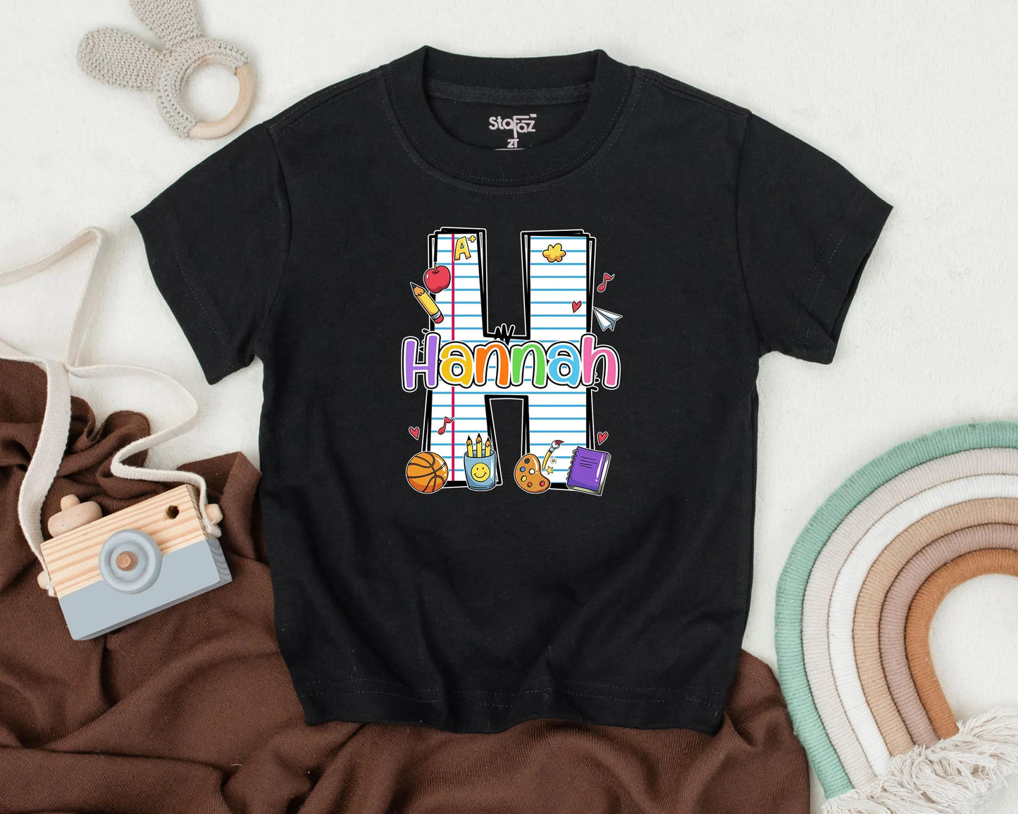 Personalized School Girl Tee with School Supplies, Custom Name First Day of School Toddler Shirt, Preschool Gift, Back to School