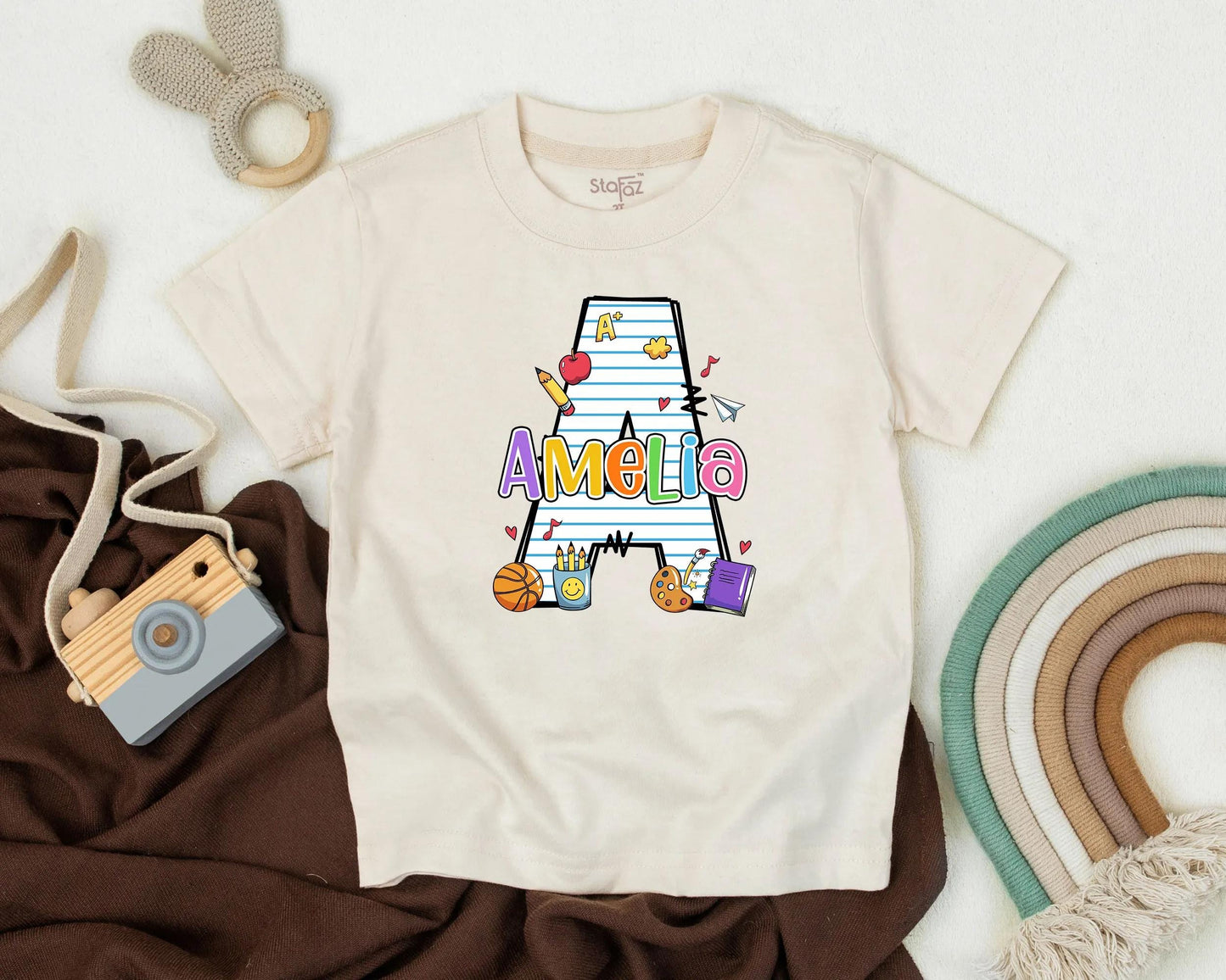 Personalized School Girl Tee with School Supplies, Custom Name First Day of School Toddler Shirt, Preschool Gift, Back to School