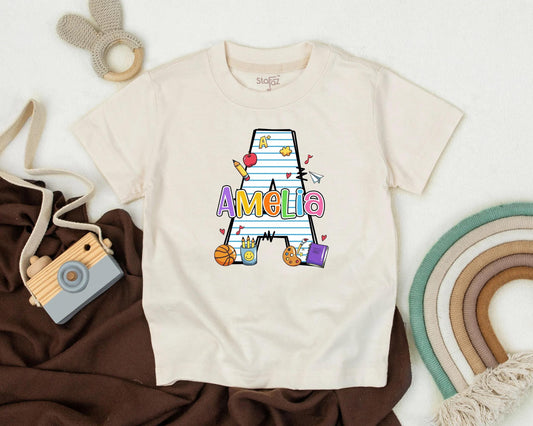 Personalized School Girl Tee with School Supplies, Custom Name First Day of School Toddler Shirt, Preschool Gift, Back to School