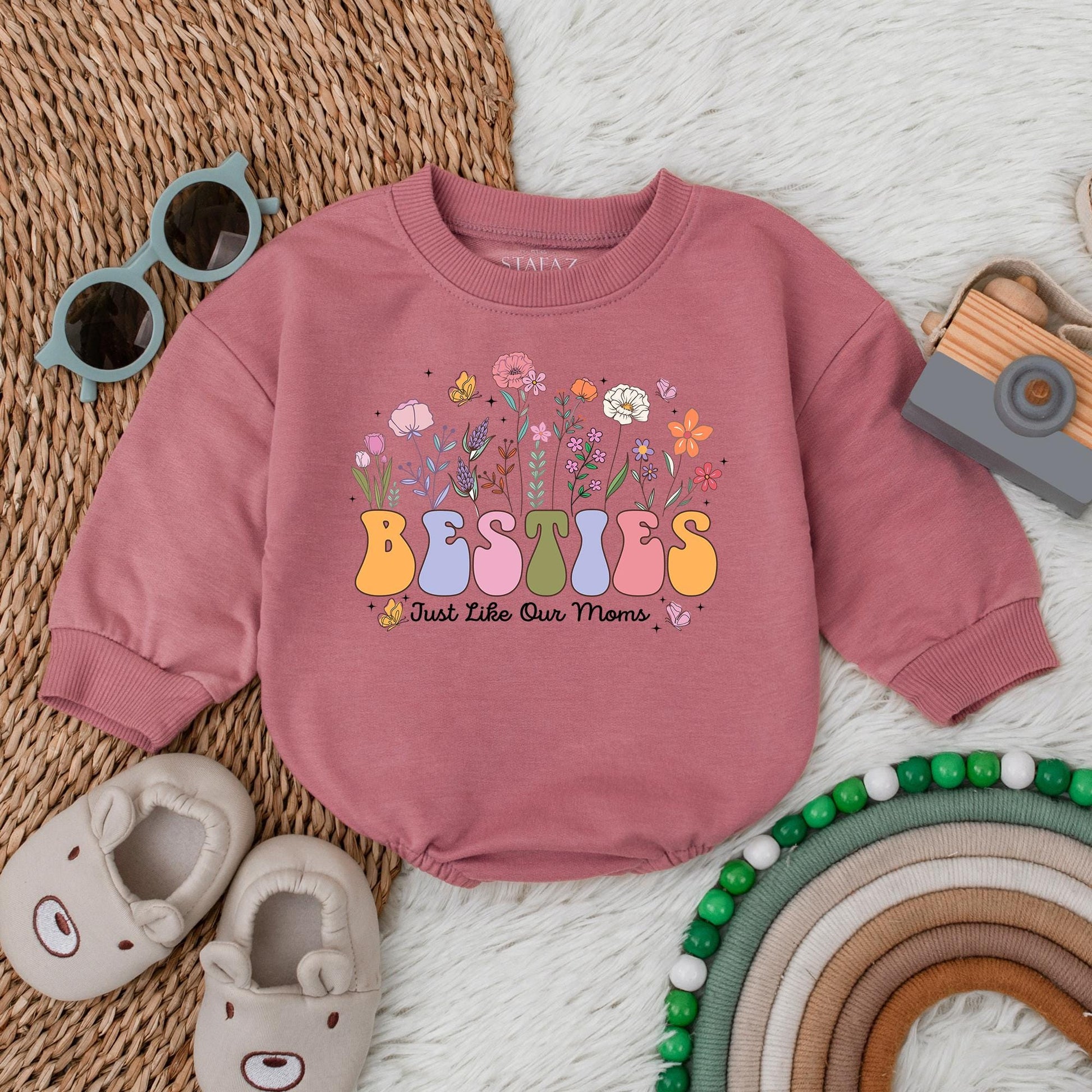 Besties Just Like Our Moms Flower Bubble Romper Newborn Best Friends Outfit Retro Baby Bodysuit Cute Baby Shower Gift