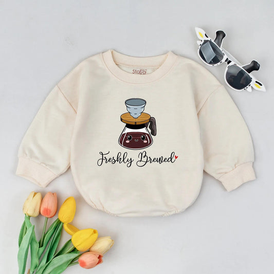 Freshly Brewed T-shirt Bubble Romper Cute Coffee Pun Newborn Baby Outfit Barista Baby Shower Gift Reveal Clothes