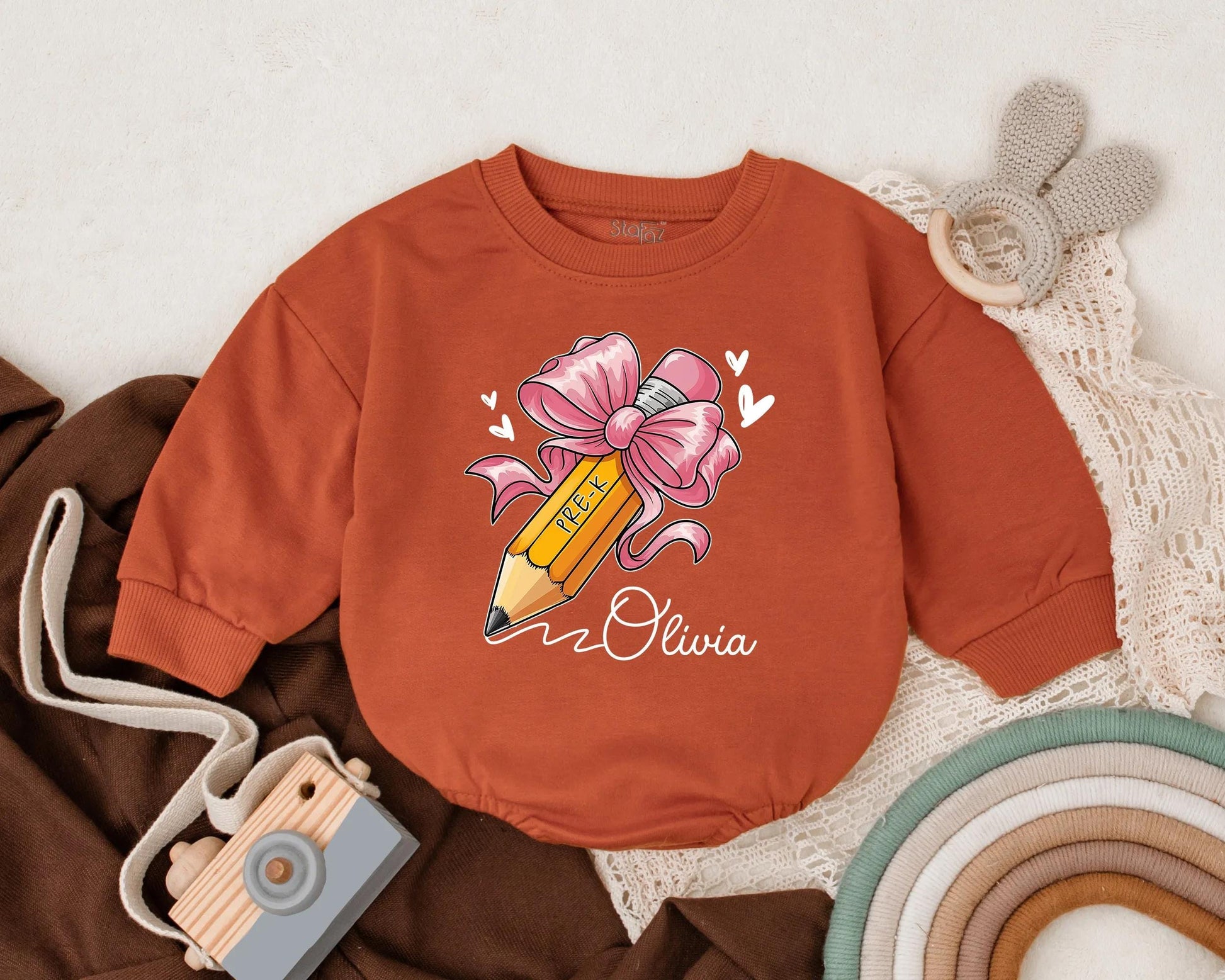 Personalized Pre-K Back to School Bubble Romper Cute Pencil Bow Baby Girl First Day Outfit Toddler Preschool Photo Clothes