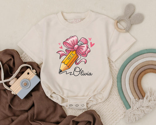 Personalized Pre-K Back to School Bubble Romper Cute Pencil Bow Baby Girl First Day Outfit Toddler Preschool Photo Clothes