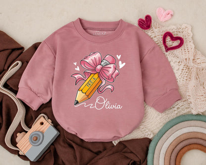 Personalized Pre-K Back to School Bubble Romper Cute Pencil Bow Baby Girl First Day Outfit Toddler Preschool Photo Clothes