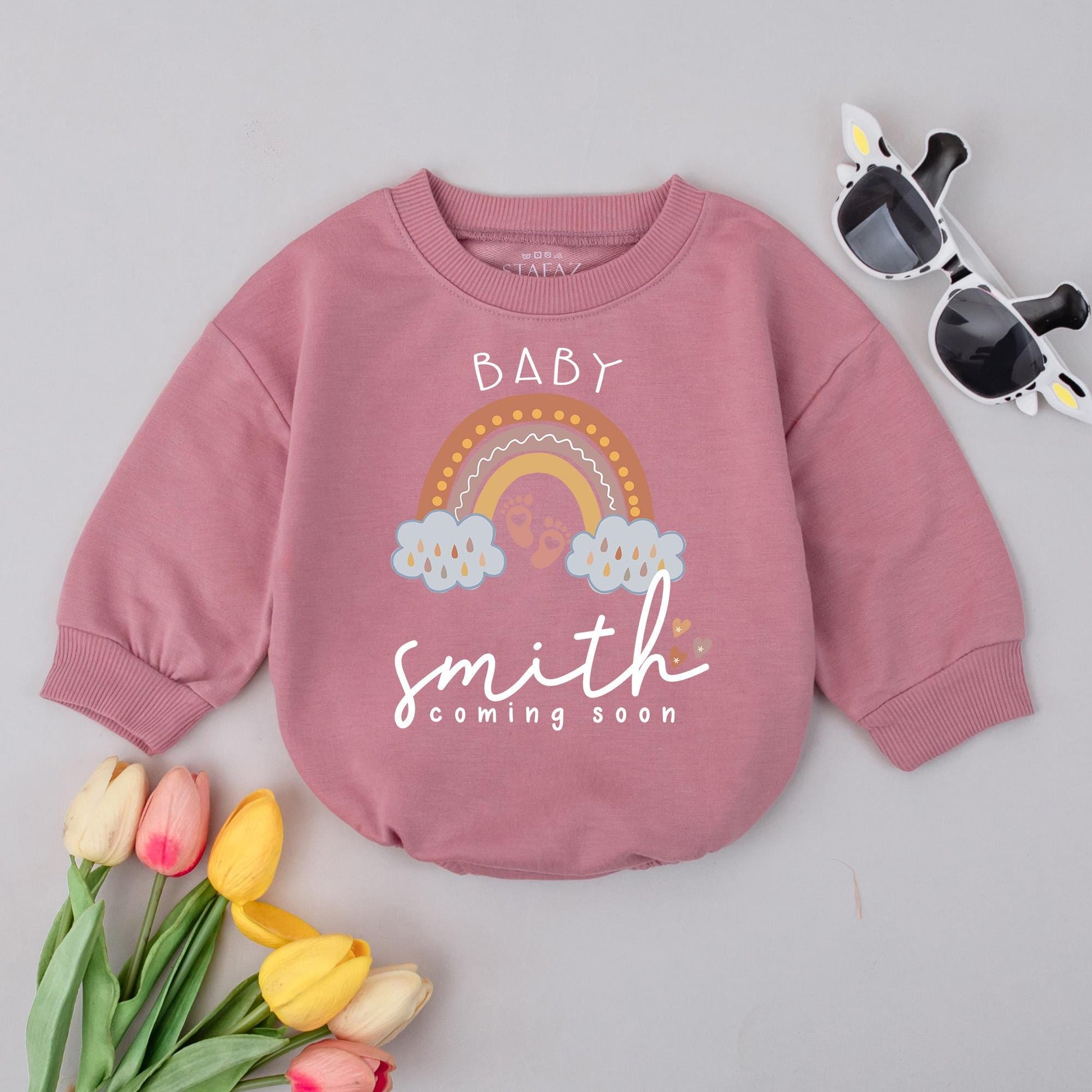 Personalized Baby Coming Soon Romper Rainbow Reveal, Custom Name Baby Shower Gift, Soft Cotton Outfit