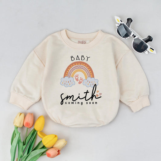 Personalized Baby Coming Soon Romper Rainbow Reveal, Custom Name Baby Shower Gift, Soft Cotton Outfit