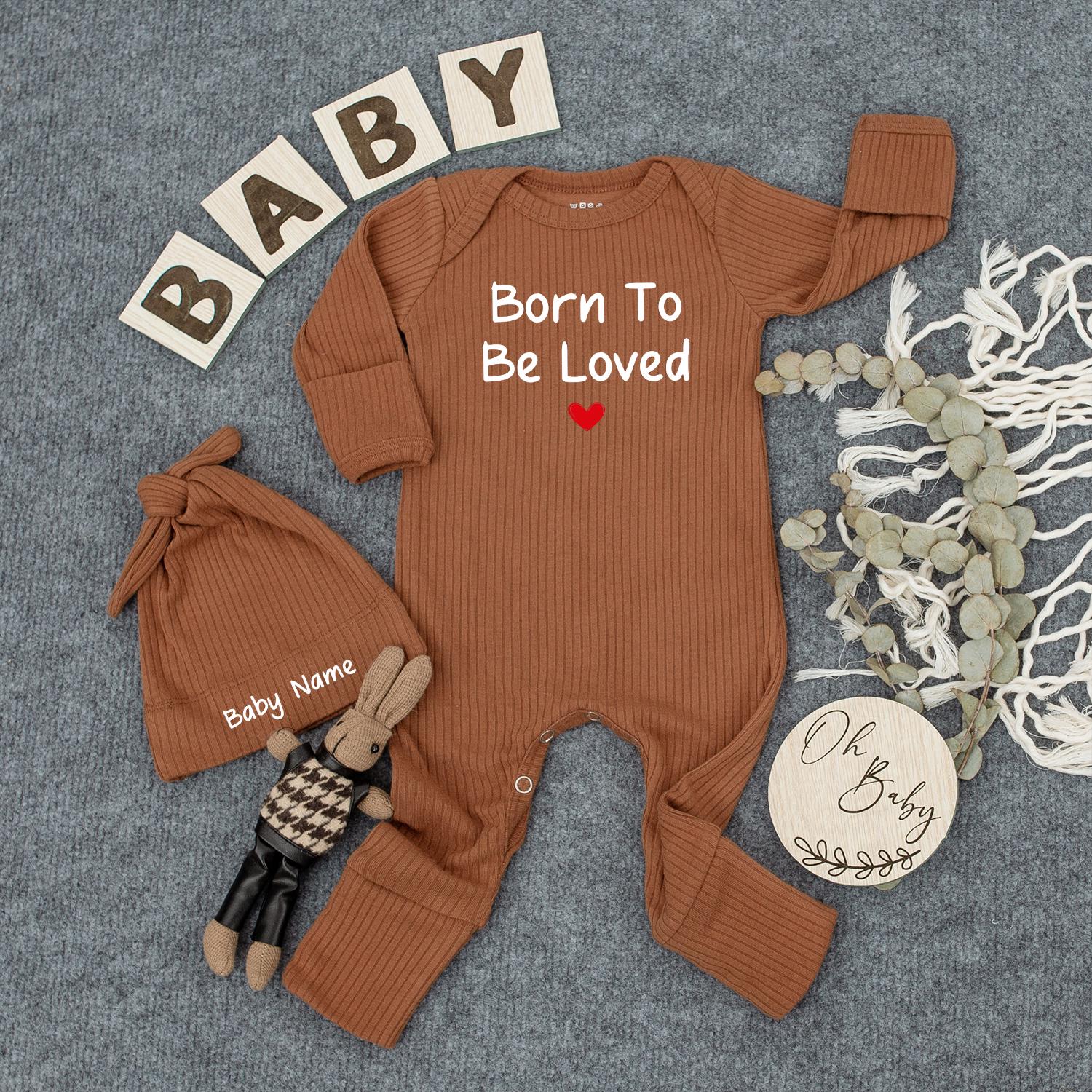 Born To Be Loved Personalized Baby Romper with Hat - Custom Name Newborn Outfit, Minimalist Gender Neutral Shower Gift Set - Sweet & Simple Baby Clothes