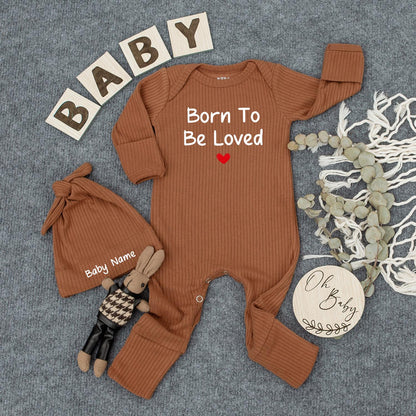 Born To Be Loved Personalized Baby Romper with Hat - Custom Name Newborn Outfit, Minimalist Gender Neutral Shower Gift Set - Sweet & Simple Baby Clothes