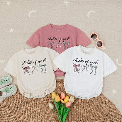 Child of God Baby Romper Short Sleeves Faith Religious Bodysuit Newborn Bow Gift Baby Shower Present