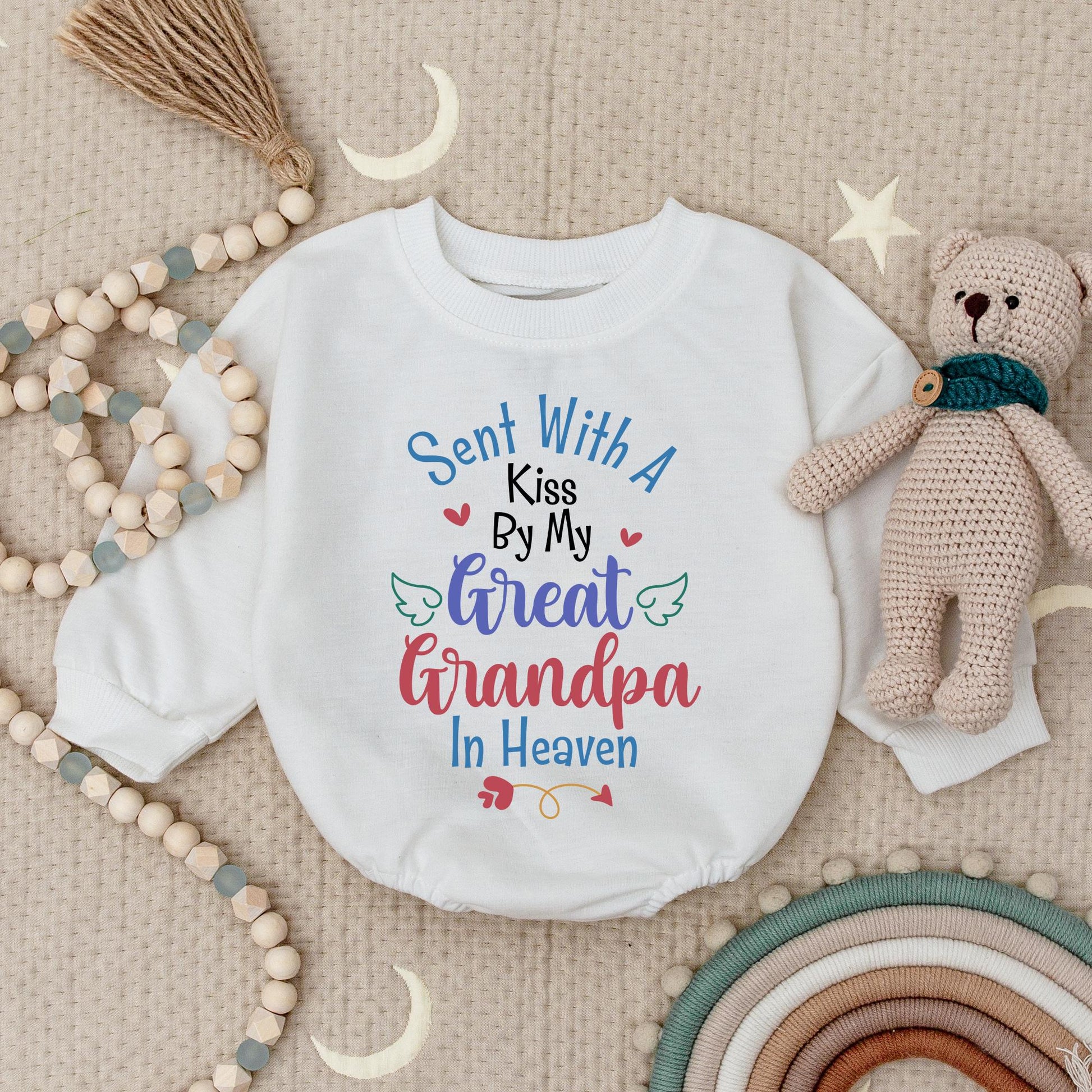 Sent With A Kiss Bodysuit From My Great Grandpa In Heaven, Sweet Baby Shower Memorial Gift, Pink Hearts and Angel Wings, Custom Baby Bodysuit, Infant Bodysuit
