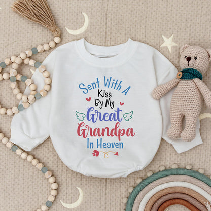 Sent With A Kiss Bodysuit From My Great Grandpa In Heaven, Sweet Baby Shower Memorial Gift, Pink Hearts and Angel Wings, Custom Baby Bodysuit, Infant Bodysuit