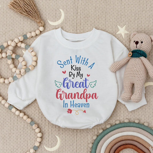 Sent With A Kiss Bodysuit From My Great Grandpa In Heaven, Sweet Baby Shower Memorial Gift, Pink Hearts and Angel Wings, Custom Baby Bodysuit, Infant Bodysuit