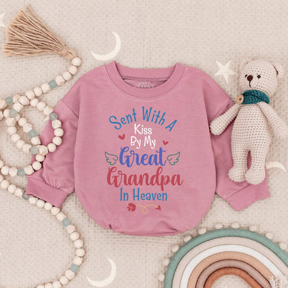 Sent With A Kiss Bodysuit From My Great Grandpa In Heaven, Sweet Baby Shower Memorial Gift, Pink Hearts and Angel Wings, Custom Baby Bodysuit, Infant Bodysuit