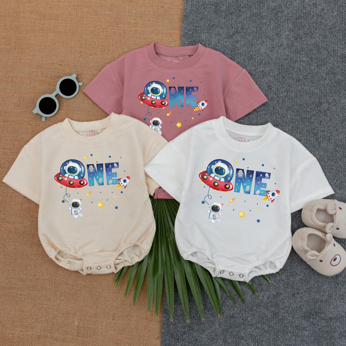 Custom Boy Astronaut T-Shirt Bubble Romper for Space First Birthday First Trip Around The Sun Minimalist Baby Clothes