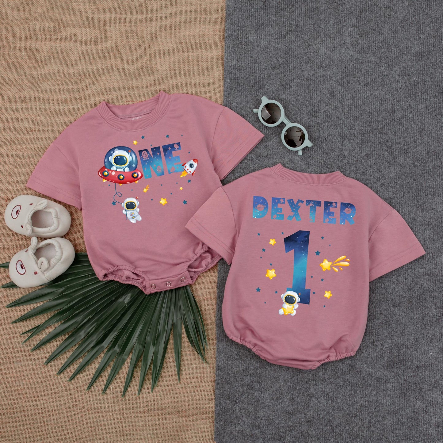 Custom Boy Astronaut T-Shirt Bubble Romper for Space First Birthday First Trip Around The Sun Minimalist Baby Clothes