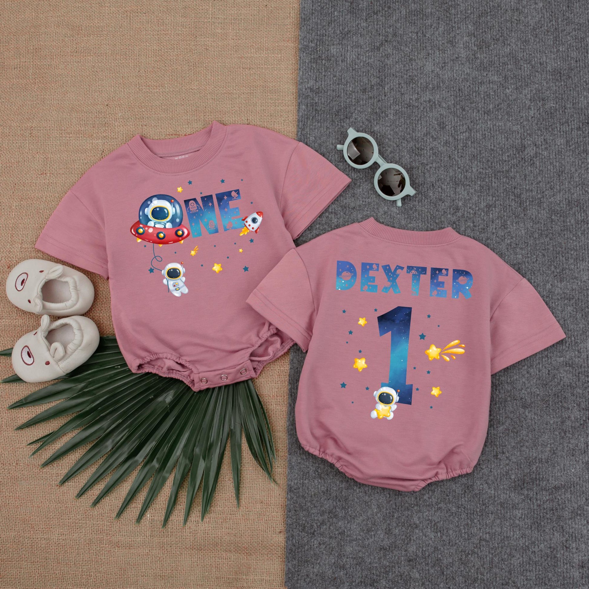 Custom Boy Astronaut T-Shirt Bubble Romper for Space First Birthday First Trip Around The Sun Minimalist Baby Clothes