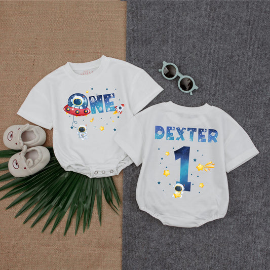 Custom Boy Astronaut T-Shirt Bubble Romper for Space First Birthday First Trip Around The Sun Minimalist Baby Clothes