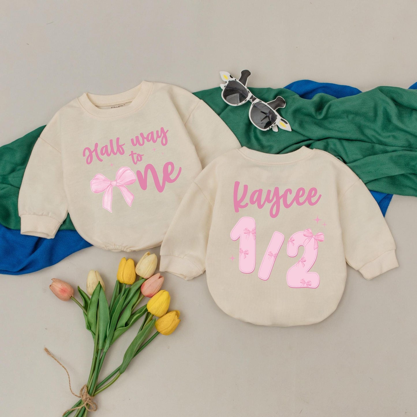 Personalized Half Way To One Romper for Baby Girls Pink Bow 6 Months Birthday Outfit Custom Name Gift for Newborns and Baby Showers