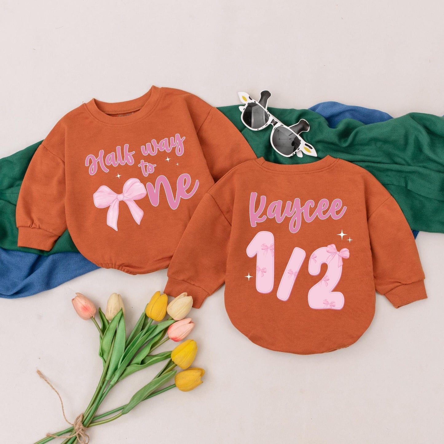 Personalized Half Way To One Romper for Baby Girls Pink Bow 6 Months Birthday Outfit Custom Name Gift for Newborns and Baby Showers