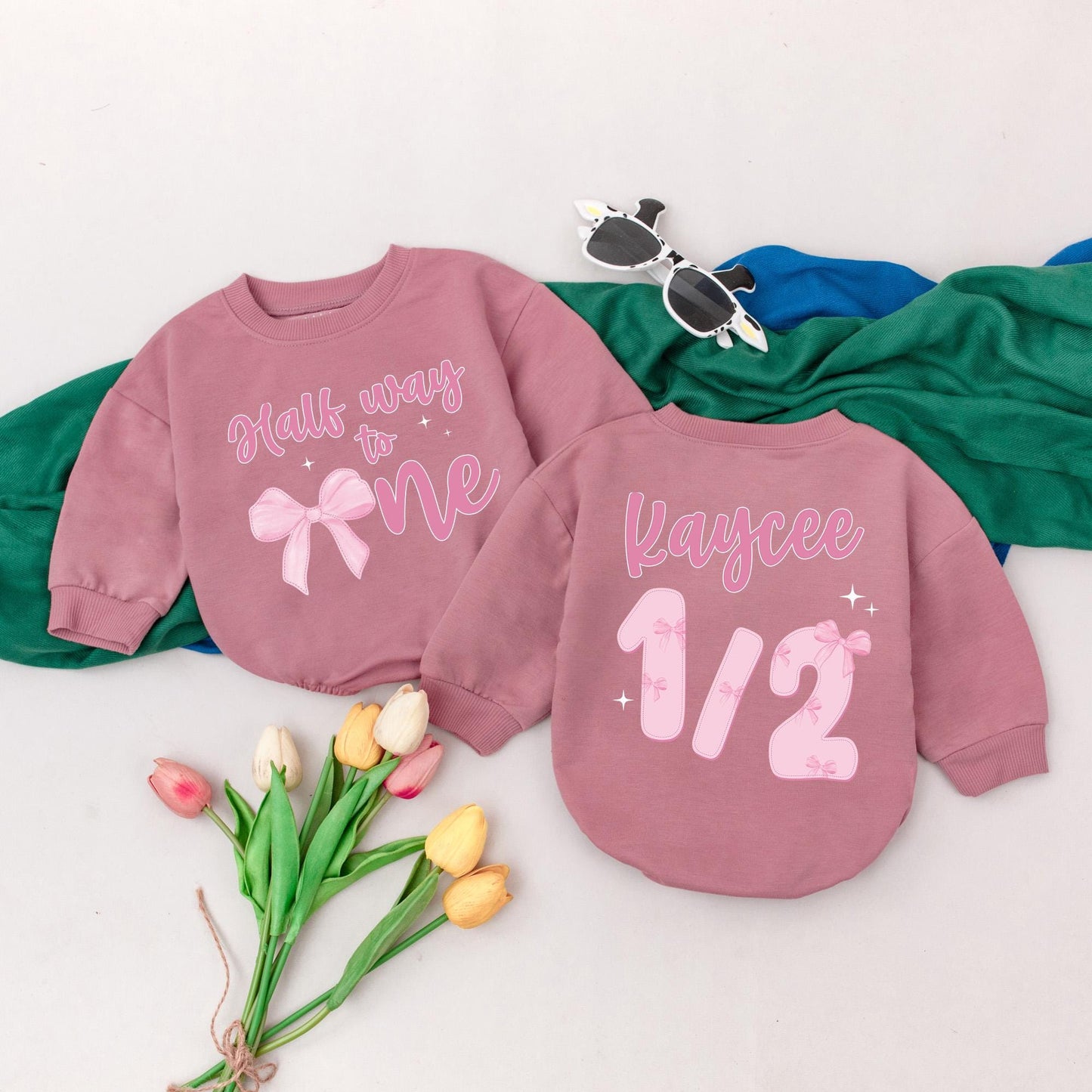 Personalized Half Way To One Romper for Baby Girls Pink Bow 6 Months Birthday Outfit Custom Name Gift for Newborns and Baby Showers