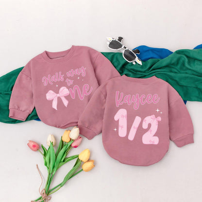 Personalized Half Way To One Romper for Baby Girls Pink Bow 6 Months Birthday Outfit Custom Name Gift for Newborns and Baby Showers