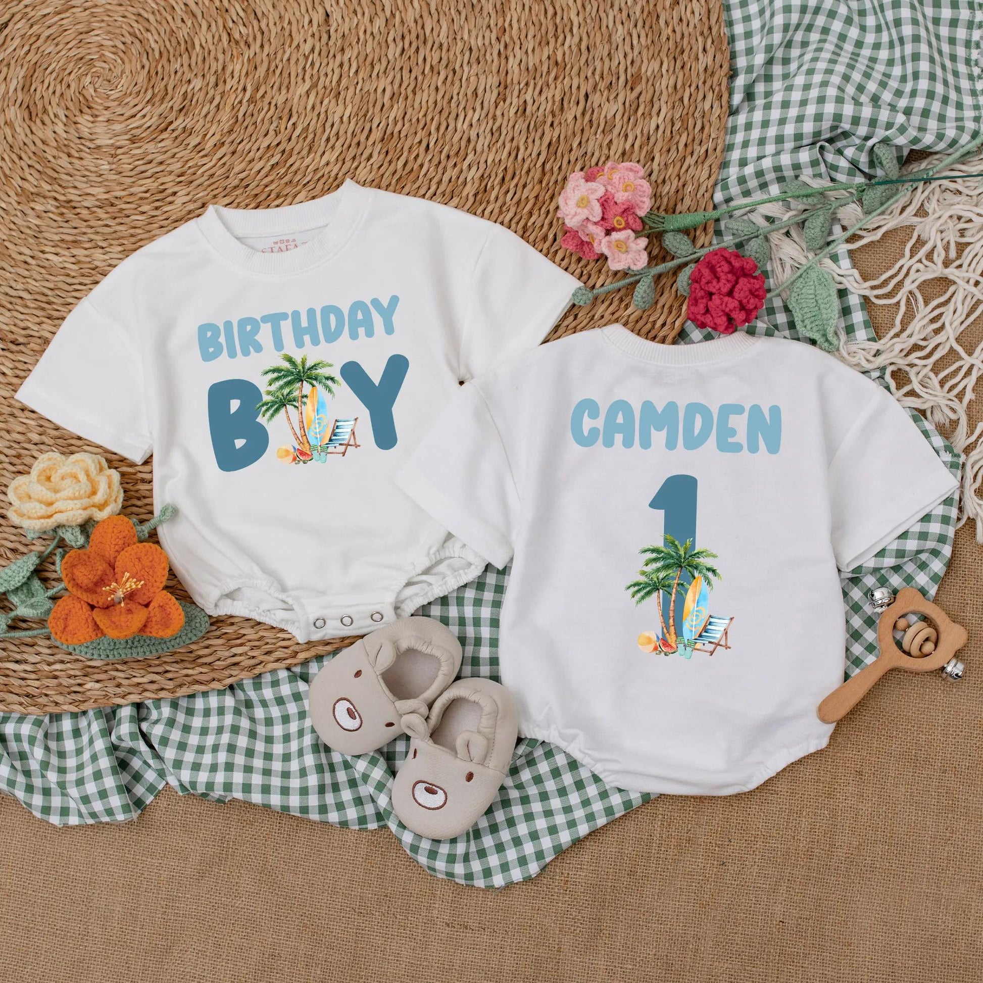 Personalized Surf's Up First Birthday Boy Romper, Beach Party Bodysuit, Custom Name, Ocean Theme Cake Smash Outfit, Summer Baby, Coastal Gift (139 chars)