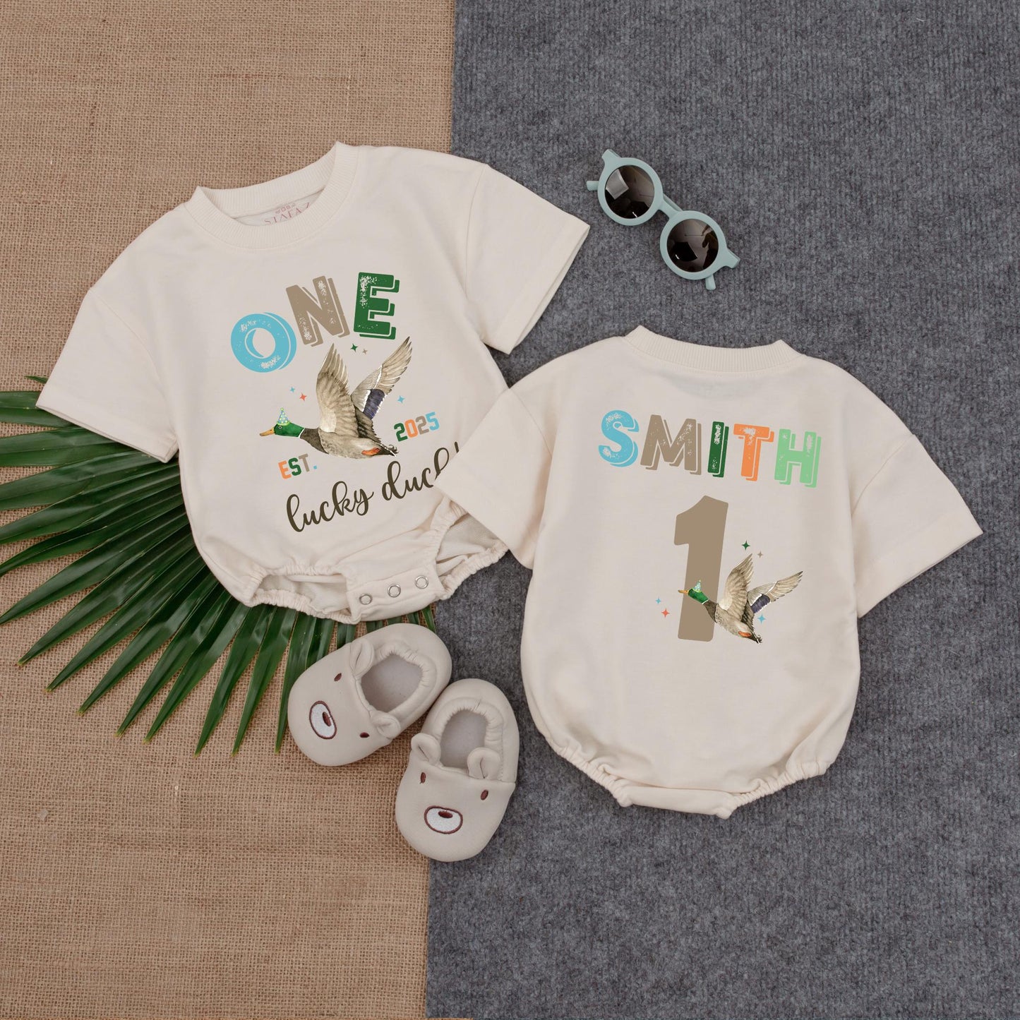 Personalized One Lucky Duck Baby Romper, 1st Birthday Bodysuit, Mallard Duck Gift for Baby Boy or Girl, Duckling Theme