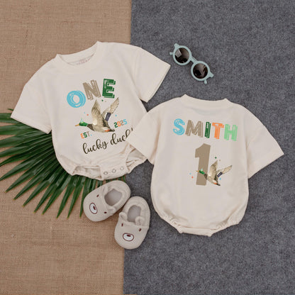 Personalized One Lucky Duck Baby Romper, 1st Birthday Bodysuit, Mallard Duck Gift for Baby Boy or Girl, Duckling Theme